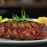 Gegrilltes Steak mit Rosmarin, Kartoffelpüree und Gemüse.