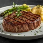 Gegrilltes Rindersteak mit Rosmarin, Kartoffelpüree und Spargel.