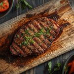 Gegrilltes Steak auf Holzbrett mit geröstetem Gemüse.