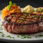 Saftiges Rindersteak mit Beilagen auf dem Teller.