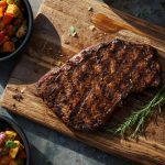 Gegrilltes Steak mit Rosmarin auf Holzbrett.