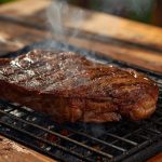 Rindersteak brät auf Grillrost, Dampf steigt