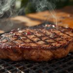 Rindersteak brät auf dem Grill, Rauch steigt.