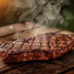 Gegrilltes Steak mit Rauch auf Holztisch.
