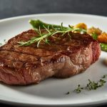 Gegrilltes Rindersteak mit Rosmarin, Gemüse und Sauce.