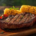 Gegrilltes Steak mit Maiskolben und Kirschtomaten.