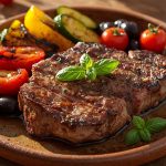 Gegrilltes Steak mit Gemüse auf Keramikplatte.