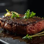 Gegrilltes Rindersteak mit Kräutern auf dunkler Platte