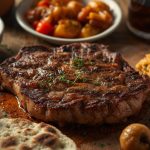 Gegrilltes Steak mit Reis, Brot und Beilagen.