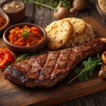 Gegrilltes Steak mit Reis, Brot und Gemüse auf Holzbrett.