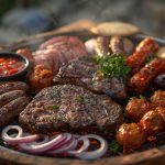 Gegrillte Fleischplatte mit Würstchen, Brot und Zwiebeln