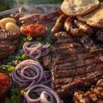 Grillplatte mit Steaks, Würstchen, Brot und Zwiebeln
