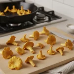 Pfifferlinge auf Schneidbrett mit Messer und Pinsel