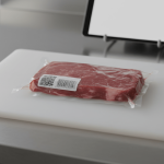 Rohes Rindersteak auf Schneidebrett mit Barcode