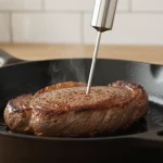 Rindersteak brät in gusseiserner Pfanne, Thermometer misst Innentemperatur.