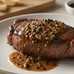 Rindersteak mit Pfeffersauce und Pfefferkörnern.