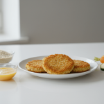 Panierte Bratlinge mit Gemüse und Dip auf dem Tisch.