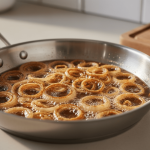 Pfanne mit frittierten Zwiebelringen in Öl