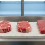 Drei Fleischstücke auf Marmorteller vor der Kühlvitrine.