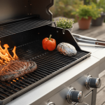 Grill mit brennendem Steak, Paprika und Folienkartoffel.