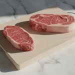 Zwei rohe Steaks liegen auf einem Holzbrett