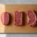 Drei Rindersteaks liegen auf einem Holzbrett.