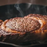 Rindersteak brät in Pfanne, aromatischer Dampf steigt.