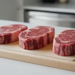 Drei rohe Rindersteaks auf Holzschneidebrett