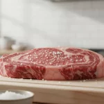 Rindersteak auf Holzschneidebrett mit Salz bestreut.