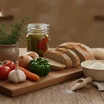 Frisches Gemüse, Brot und Mehl auf rustikalem Holztisch.