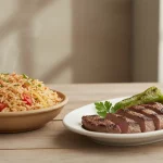 Reisgericht mit Gemüse neben gegrilltem Steak
