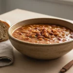 Eine Schüssel Bohnen-Chili mit Brot und Holzlöffel.