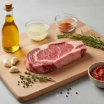Rohes Steak auf Schneidebrett mit Kräutern und Knoblauch.
