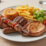 Gegrilltes Fleischgericht mit Reis, Pommes und Salat.