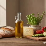 Frisches Brot, Käse, Olivenöl und Gemüse auf Holztisch.