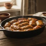 Kohlrouladen in gusseiserner Pfanne, dampfend.