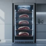 Moderner Kühlraum mit mehreren Fleischstücken hinter Glas