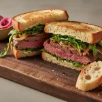 Rostbeef-Sandwich mit Zwiebeln und Rucola