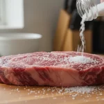 Rohes Steak auf Holzbrett, Salz wird gestreut.