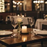 Tisch im Restaurant mit Kerzen, Rosen und Gläsern