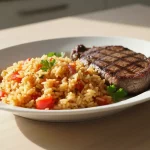 Gegrilltes Steak mit Reis und Gemüse auf Teller