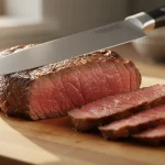 Rindersteak auf Schneidebrett wird in Scheiben geschnitten.