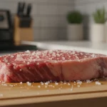 Rohes Steak auf Schneidebrett, grobes Meersalz.